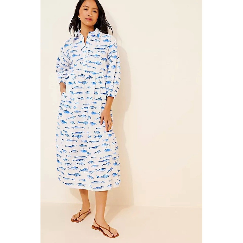 Maeve Anthropologie Bettina Shirt Dress Fish Print Midi 3/4 Sleeve Preppy Beach